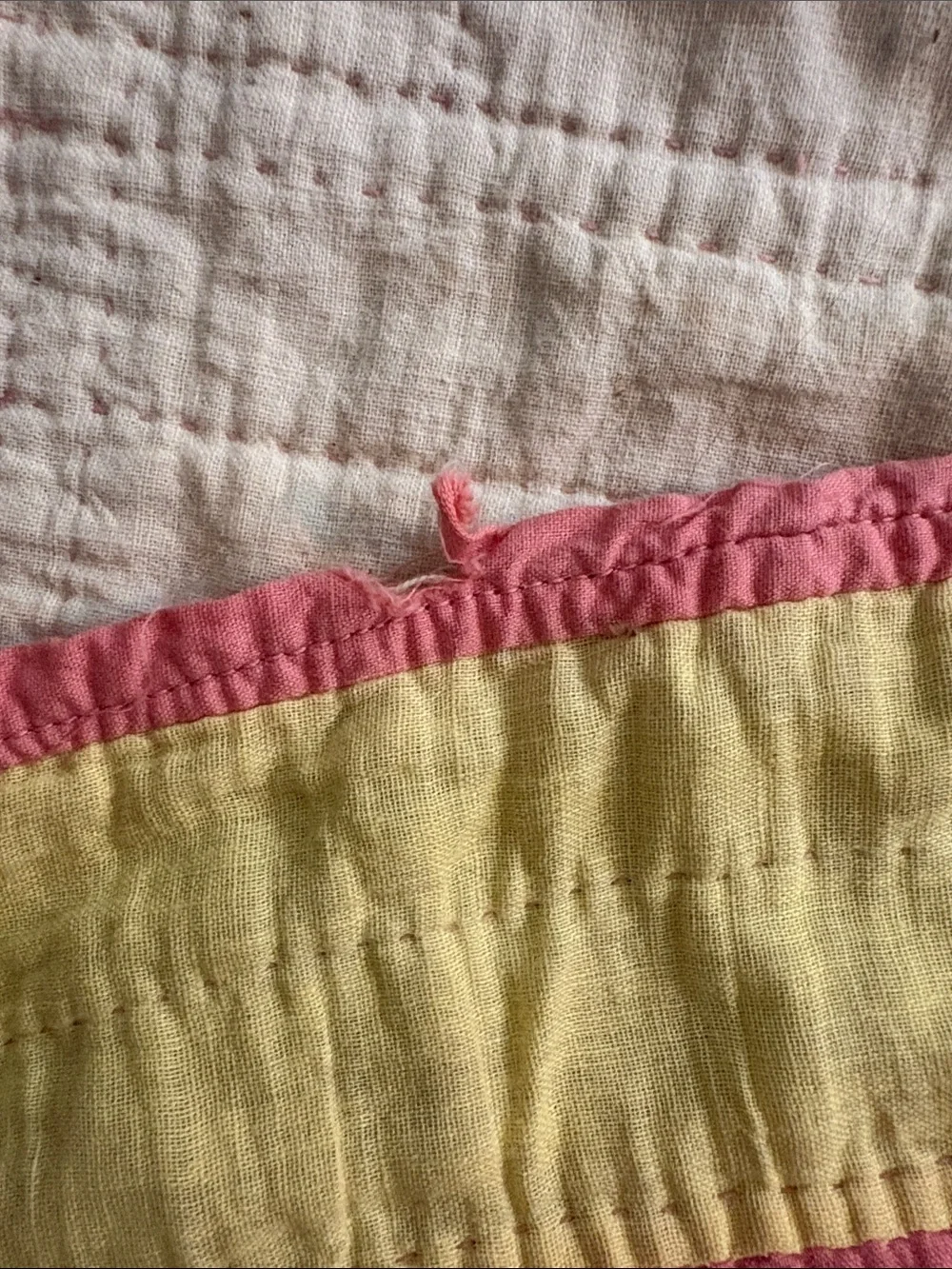 Vintage Pink and Yellow Patchwork Baby Quilt with Embroidered Design